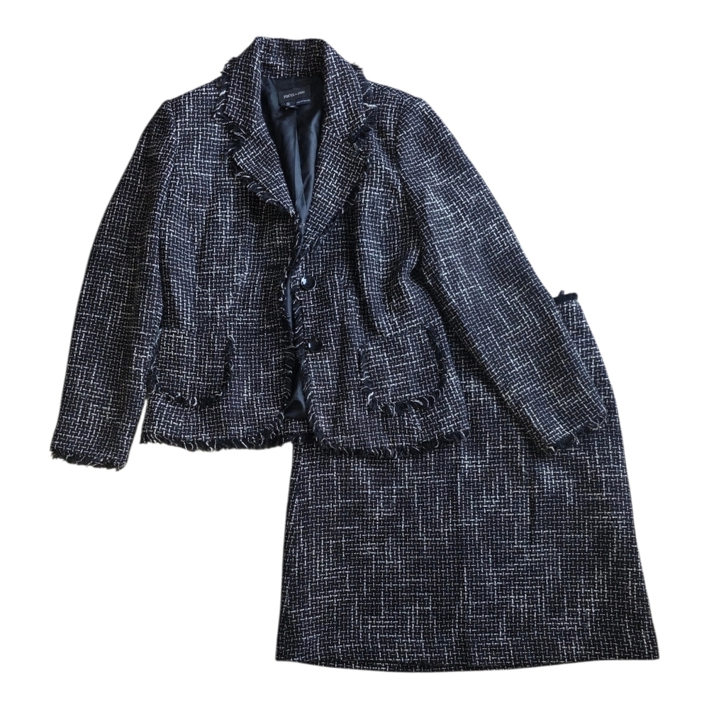 Focus 2000 Black Fringe Trim Tweed Blazer Skirt Suit 10